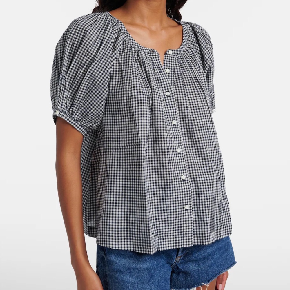 INDUSTRY NAVY COTTON GINGHAM CHECK PUFF SLEEVE TOP BOHO COTTAGECORE Ivory S